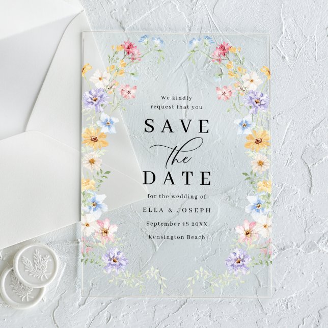 Invitaciones Acrílicas Vibrant Pastel Wildflowers Wedding Save The Date (Subido por el creador)