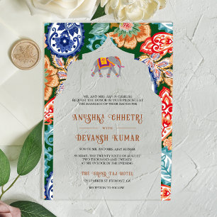 Invitaciones Acrílicas Vibrante arte popular indio Boda de elefantes