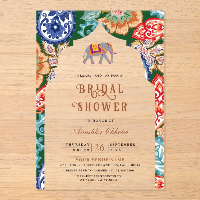 Invitaciones Acrílicas Vibrante Arte Popular Indio Elefante Despedida de  (Anverso)