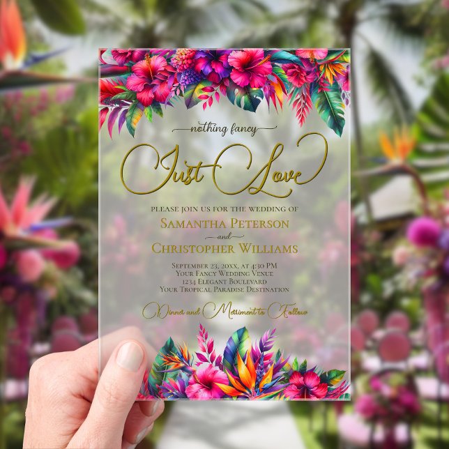 Invitaciones Acrílicas Vibrante Jardín Tropical Hibiscus Just Love Boda (Frosted Acrylic with Rectangle Cut)