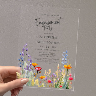Invitaciones Acrílicas Vibrante Partido de Compromiso con Flores Silvestr