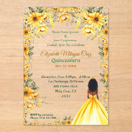 Invitaciones Acrílicas Vibrante vestido amarillo y pelo afro Quinceañera
