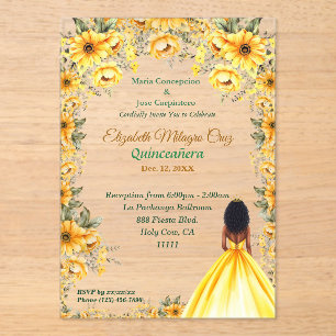 Invitaciones Acrílicas Vibrante vestido amarillo y pelo afro Quinceañera
