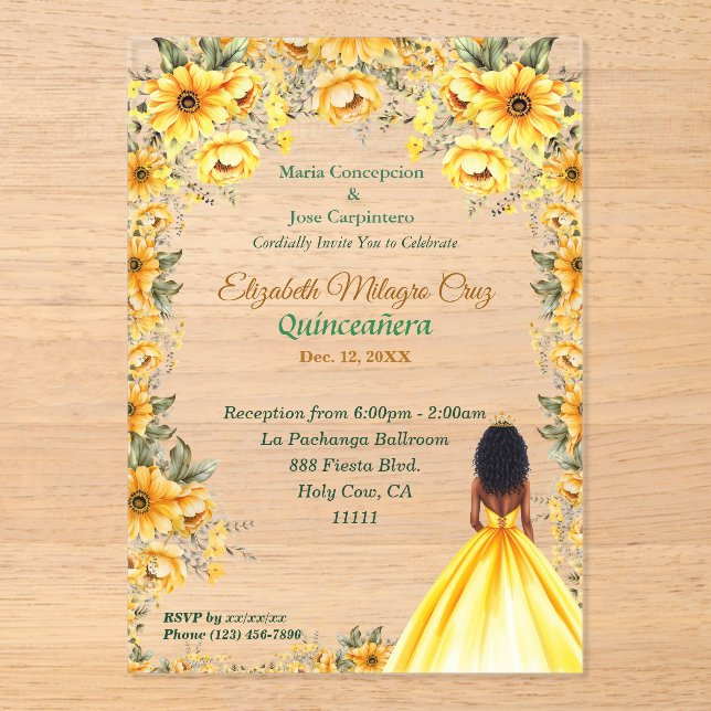Invitaciones Acrílicas Vibrante vestido amarillo y pelo afro Quinceañera (Anverso)
