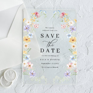 Invitaciones Acrílicas Vibrantes flores silvestres pastel boda guardar la