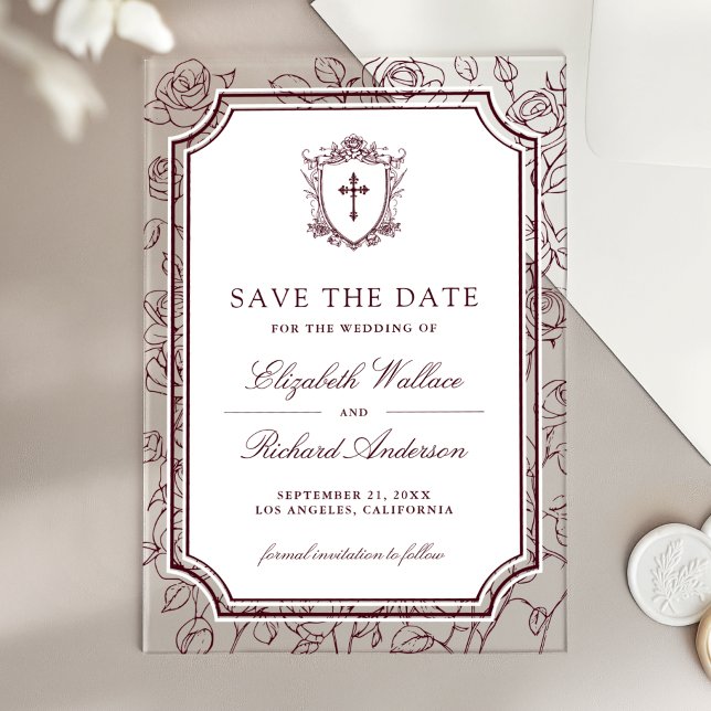 Invitaciones Acrílicas Victorian Burgundy Catholic Wedding Save the Date (Subido por el creador)