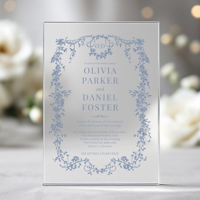Invitaciones Acrílicas Victorian Dusty Blue Wedding Monogram (Subido por el creador)
