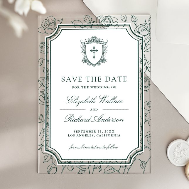Invitaciones Acrílicas Victorian Emerald Catholic Wedding Save the Date (Subido por el creador)