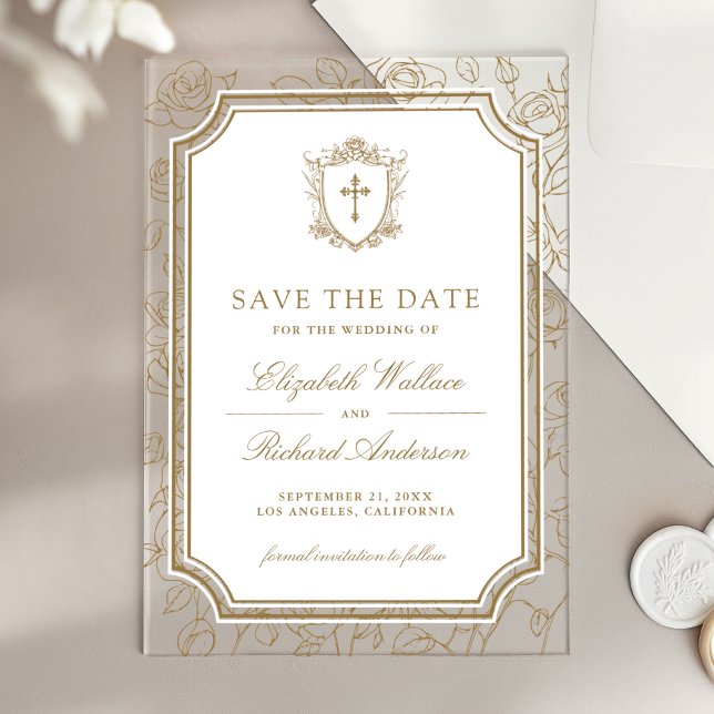 Invitaciones Acrílicas Victorian Gold Catholic Wedding Save the Date (Subido por el creador)