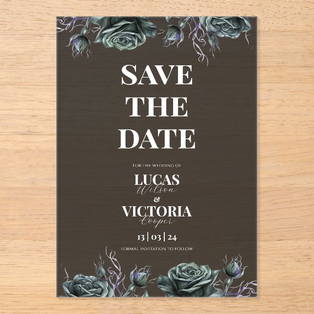 Invitaciones Acrílicas Victorian Moody Gothic Transparent Save the Date  (Anverso)