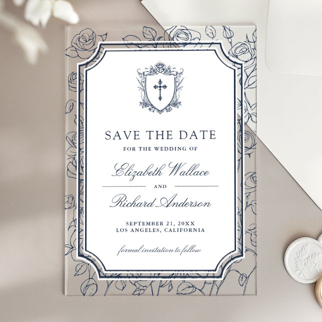 Invitaciones Acrílicas Victorian Navy Blue Catholic Wedding Save the Date (Subido por el creador)