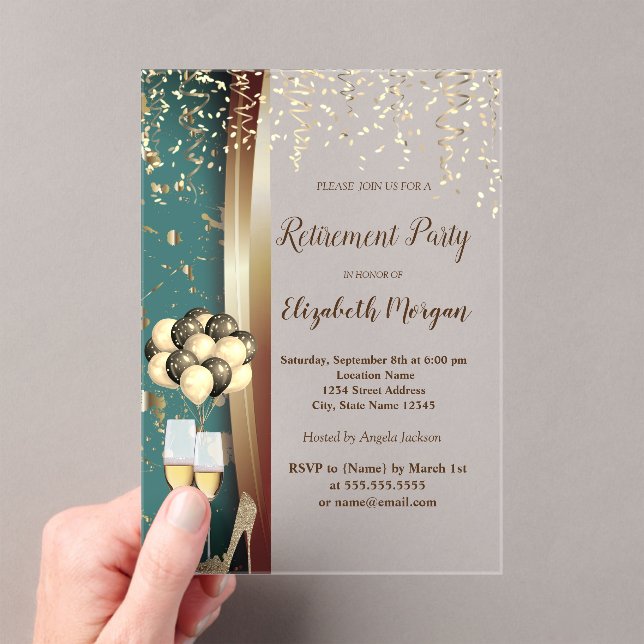 Invitaciones Acrílicas Vidrio, talones altos, Fiesta de Jubilación de Glo (Insitu (portátil))