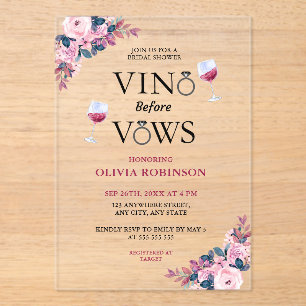 Invitaciones Acrílicas Vino Antes De Vacas Tema Vino Floral Ducha De Novi