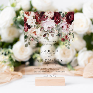 Invitaciones Acrílicas Vino de Cereza y Bodas Florales Malhumoradas Rosad
