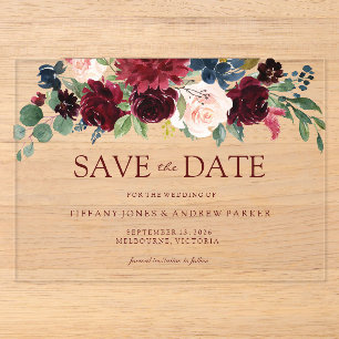 Invitaciones Acrílicas Vino Tinto Borgoña Floral Salva la fecha