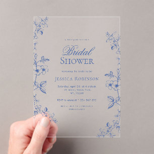 Invitaciones Acrílicas Vintage azul trenzado con ducha de novia floral