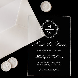 Invitaciones Acrílicas Vintage Monograma Corona Blanco Salva la Fecha