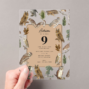 Invitaciones Acrílicas Vintage Owl Watercolor Forest Bird Birday Party