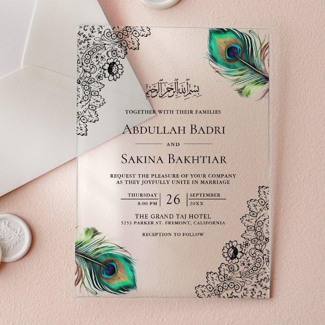Invitaciones Acrílicas Vintage Peacock Feathers Muslim Wedding (Subido por el creador)