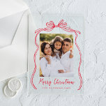 Invitaciones Acrílicas Vintage Red Bow Merry Christmas Photo<br><div class="desc">Celebre la temporada de fiestas con esta elegante tarjeta de Navidades acrílicos, que incluye la foto de su familia, bellamente enmarcada por un arco rojo festivo y una cinta de plástico sobre un fondo acrílico escarpado o transparente. El elegante saludo "Feliz Navidad" está escrito en un encantador guión escrito a...</div>
