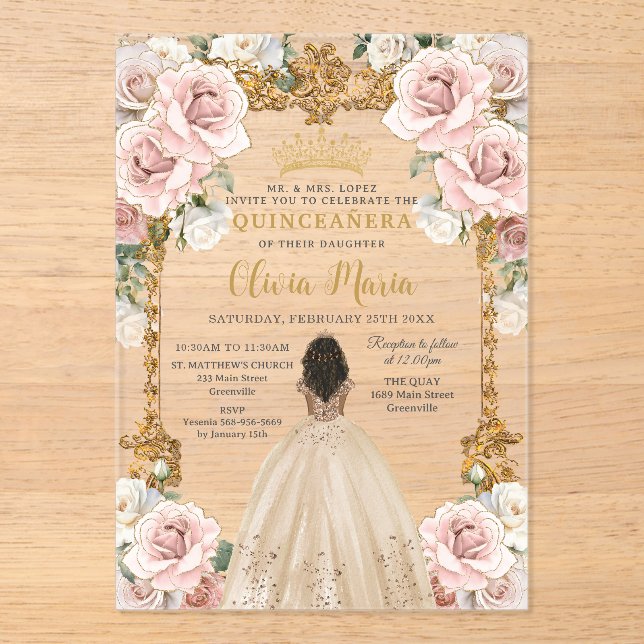 Invitaciones Acrílicas Vintage Rubor Champagne Vestido Floral Quinceanera (Anverso)