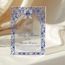 Vintage Toile Blue Bow Rocking Horse Baby Shower