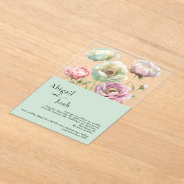 Invitaciones Acrílicas Vintage Watercolor Peonies Sage Boda