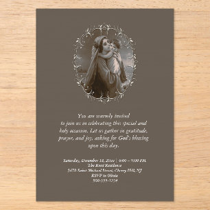 Invitaciones Acrílicas Virgen antigua y niño con marco de plata