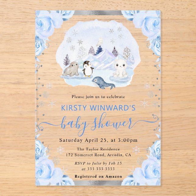 Invitaciones Acrílicas Watercolor Arctic Animals Baby Shower Floral (Anverso)
