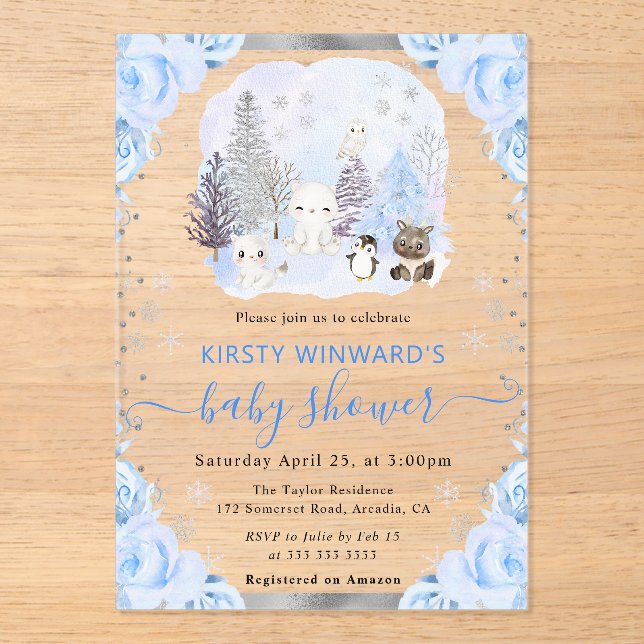 Invitaciones Acrílicas Watercolor Arctic Animals Baby Shower Floral (Anverso)
