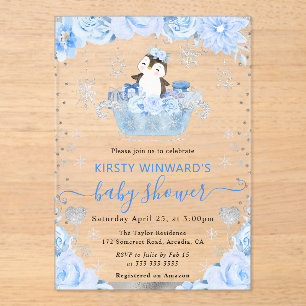Invitaciones Acrílicas Watercolor Ártico Pingüino Floral Baby Shower