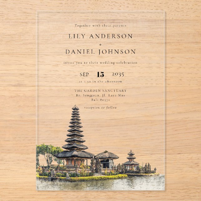 Invitaciones Acrílicas Watercolor Bali Temple Destination Wedding (Anverso)