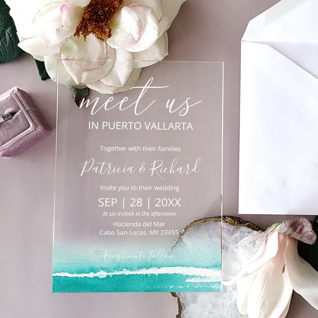 Invitaciones Acrílicas Watercolor Beach Caribbean Destination Wedding (Subido por el creador)