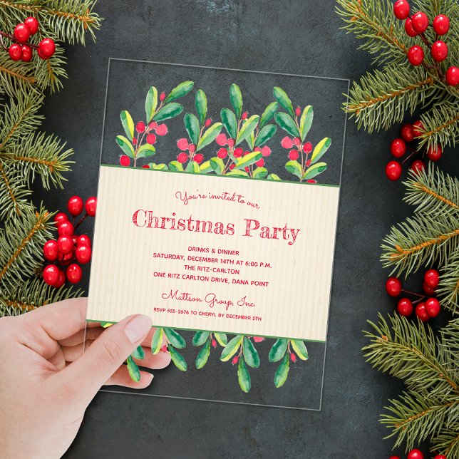Invitaciones Acrílicas Watercolor Berries and Branches Christmas (Watercolor berries and branches ACRYLIC Christmas party invitations)