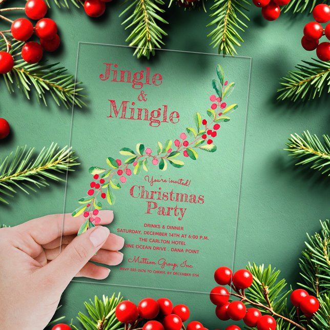 Invitaciones Acrílicas Watercolor Berries Greenery Christmas (Watercolor berries and branches Jingle & Mingle ACRYLIC Christmas party invitations)