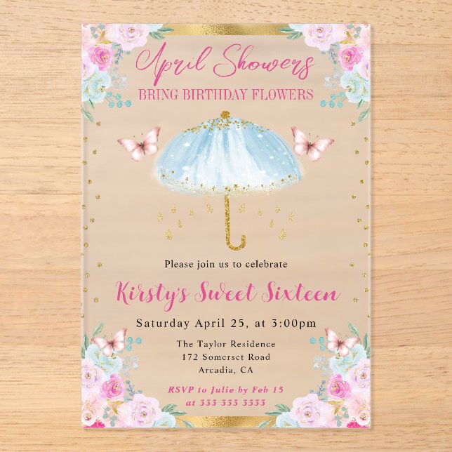 Invitaciones Acrílicas Watercolor Blue Gold Spring Umbrella Sweet 16 (Anverso)