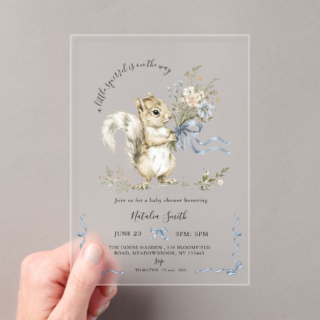 Invitaciones Acrílicas Watercolor Blue Ribbon Squirrel Baby Shower  (Insitu (portátil))