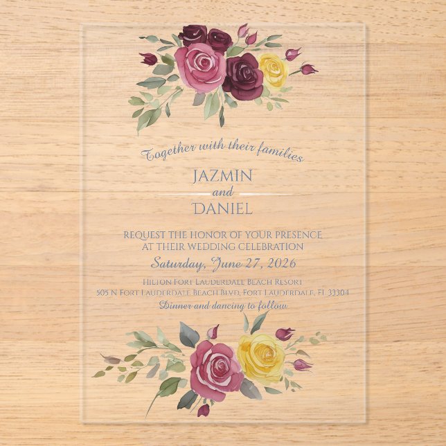 Invitaciones Acrílicas Watercolor Burgundy Yellow Roses Blue  (Anverso)