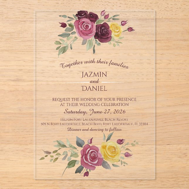 Invitaciones Acrílicas Watercolor Burgundy Yellow Roses Red (Anverso)