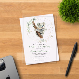 Invitaciones Acrílicas Watercolor Cute Koala Green Gold Baby Shower