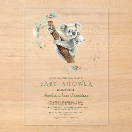 Invitaciones Acrílicas Watercolor Cute Koala Green Gold Baby Shower