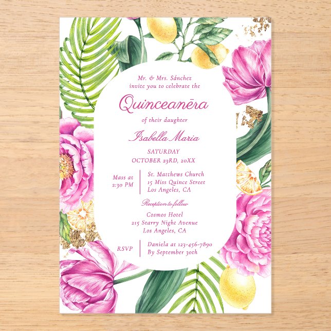 Invitaciones Acrílicas Watercolor Floral Peonies Tulips Lemon Quinceañera (Anverso)