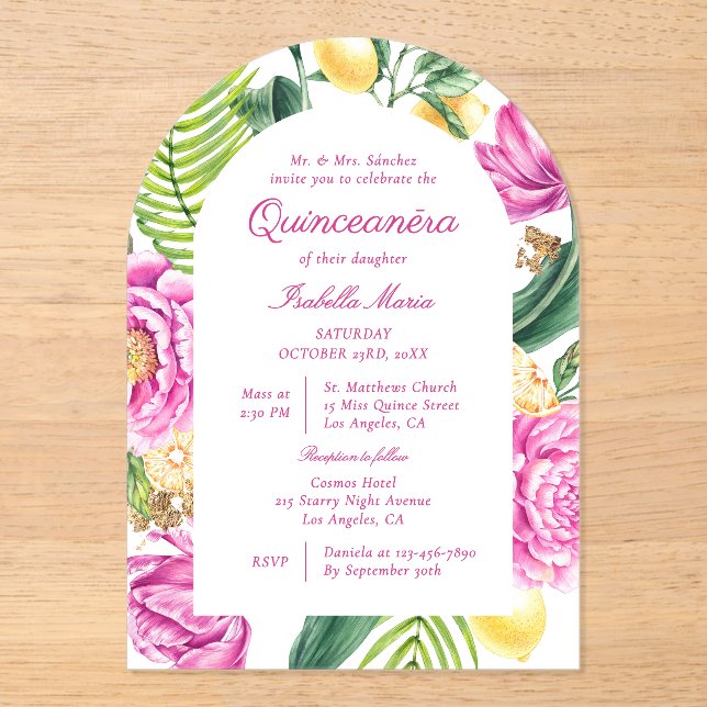 Invitaciones Acrílicas Watercolor Floral Peonies Tulips Lemon Quinceañera (Anverso)