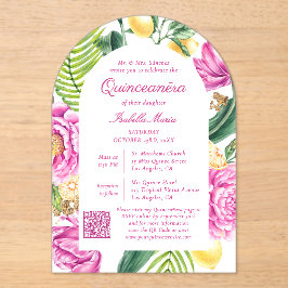 Invitaciones Acrílicas Watercolor Floral Pink Peonies QR Code Quinceañera
