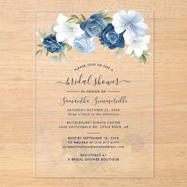 Invitaciones Acrílicas Watercolor Floral Script Bridal Shower (Anverso)