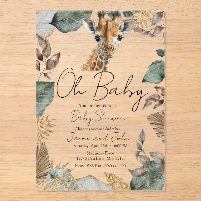 Invitaciones Acrílicas Watercolor Giraffe Wild Baby Shower (Anverso)