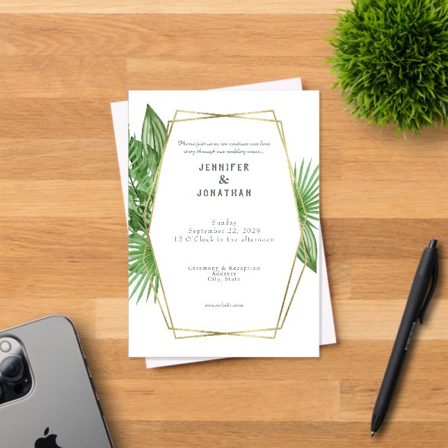 Invitaciones Acrílicas Watercolor Gold Tropical Frame Wedding Invitation (Insitu (Tarjeta de Invitación))