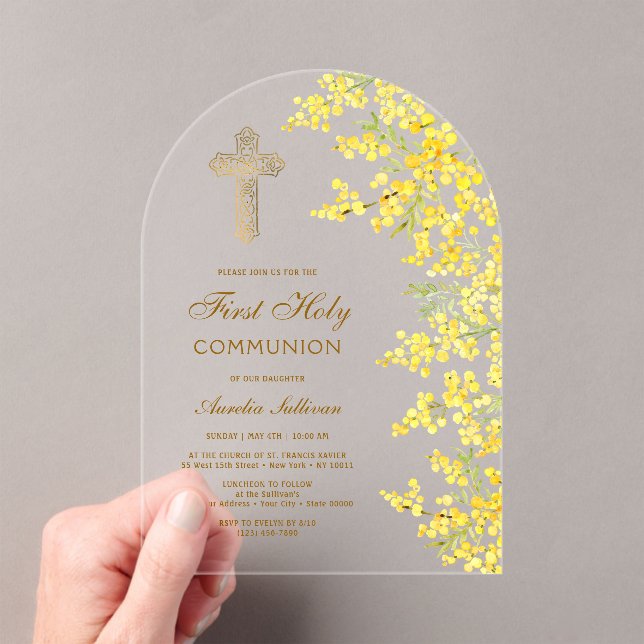 Invitaciones Acrílicas Watercolor Mimosa Arch First Communion (Insitu (portátil))