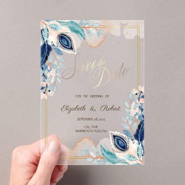 Invitaciones Acrílicas Watercolor Peacock Floral Save The Date (Insitu (portátil))