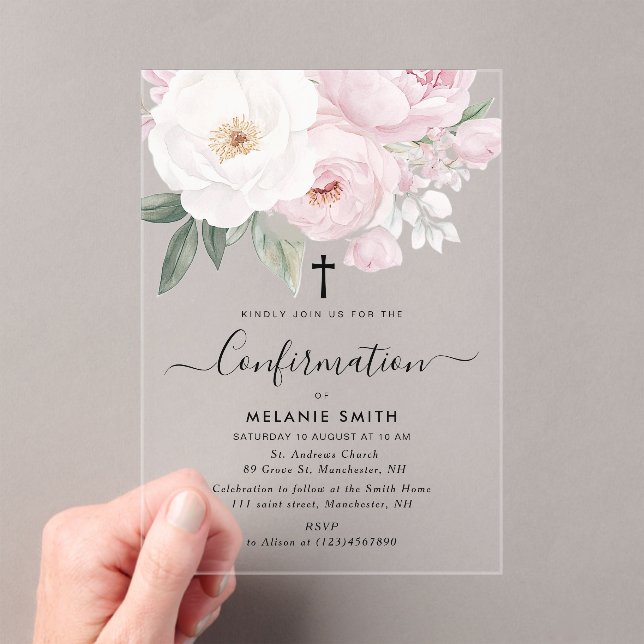 Invitaciones Acrílicas Watercolor pink and white flowers Confirmation (Insitu (portátil))